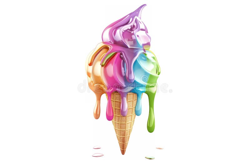 A melting ice cream cone, with colorful scoops dripping down the sides, suspended against a clean white background. Generative AI
