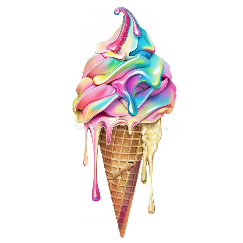 A melting ice cream cone, with colorful scoops dripping down the sides, suspended against a clean white background. royalty free stock photo