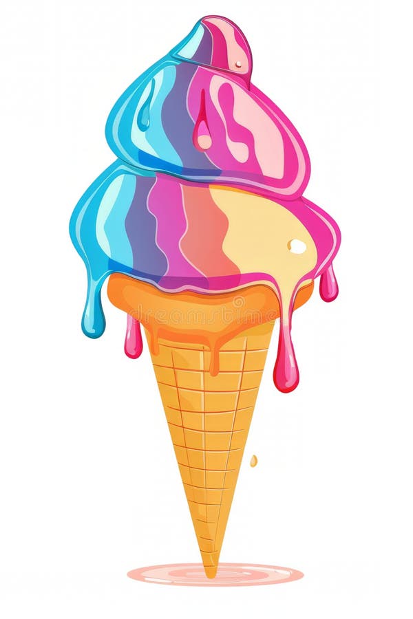 A melting ice cream cone, with colorful scoops dripping down the sides, suspended against a clean white background. stock image