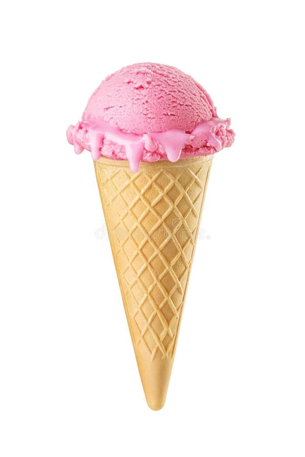 Two Pink Strawberry Ice Cream Scoops Served on a Waffle Cone on Blue