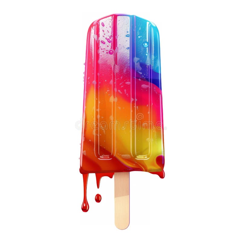 A melting popsicle, with vibrant hues and droplets of juice dripping down the sides, white background. stock image