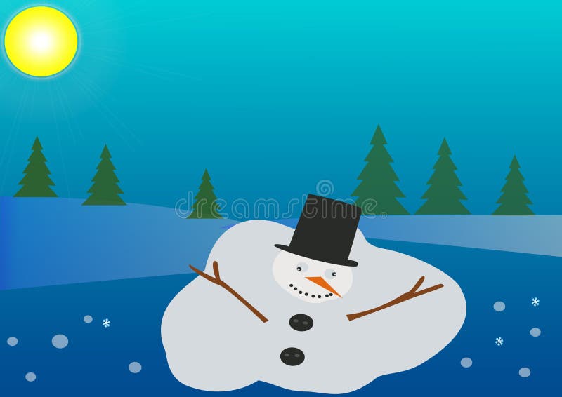 Melting Snowman on the Snowy Blue Background with Sun. Stock Vector -  Illustration of cute, tree: 65558068