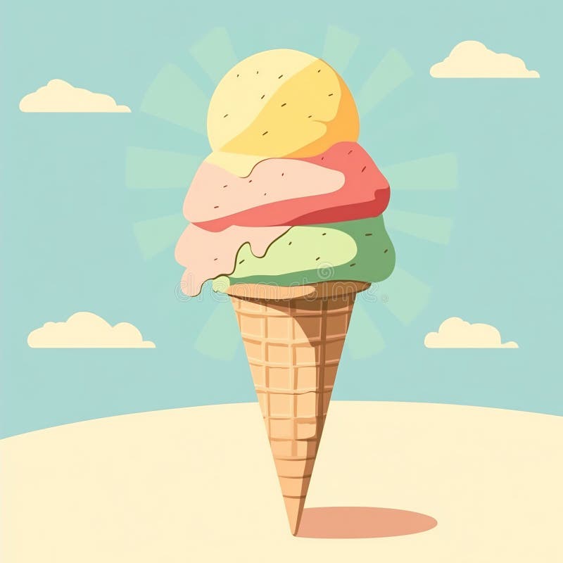 A melting triple-scoop ice cream cone under the hot sun, with pastel backgrounds royalty free stock photo