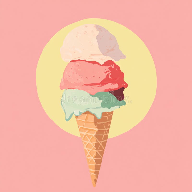 A melting triple-scoop ice cream cone under the hot sun, with pastel backgrounds stock photos