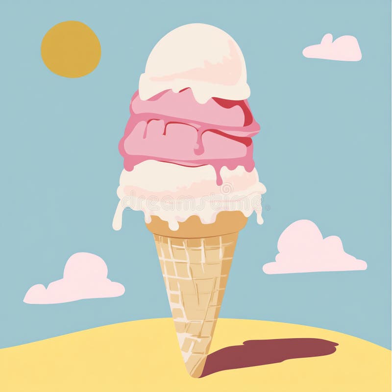 A melting triple-scoop ice cream cone under the hot sun, with pastel backgrounds royalty free stock images
