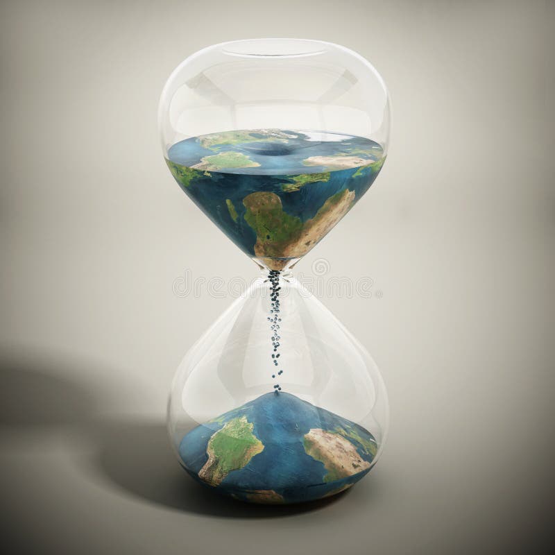 Melting world concept with earth textured sand pouring inside the hourglass.