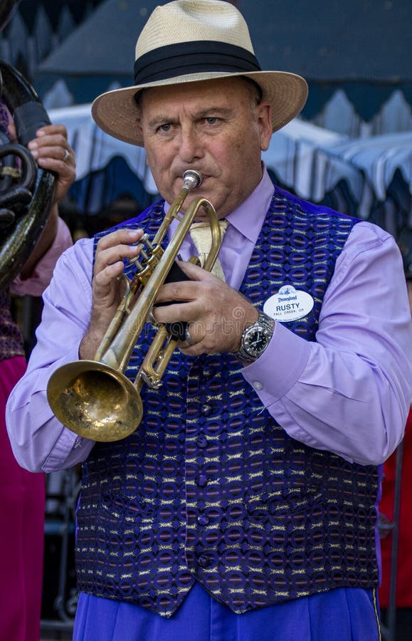 New Orleans Jazz Band trumpet Player performs at Disneyland, Anaheim, California