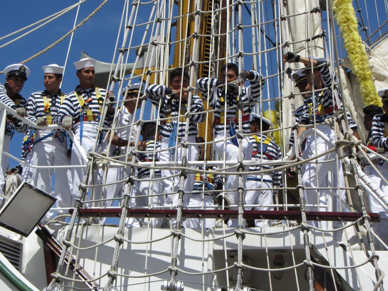 Photo of crew of tall mast ship called the cuauhtemoc in baltimore maryland on 6/13/12 for the bicentennial sailabration event. This ship is the cuauhtemoc from mexico with her crew standing behind the rigging. The sailabration is a week long event that celebrates the victory of the war of 1812 in which the united states successfully defended fort mchenry against the british naval forces. Photo of crew of tall mast ship called the cuauhtemoc in baltimore maryland on 6/13/12 for the bicentennial sailabration event. This ship is the cuauhtemoc from mexico with her crew standing behind the rigging. The sailabration is a week long event that celebrates the victory of the war of 1812 in which the united states successfully defended fort mchenry against the british naval forces.