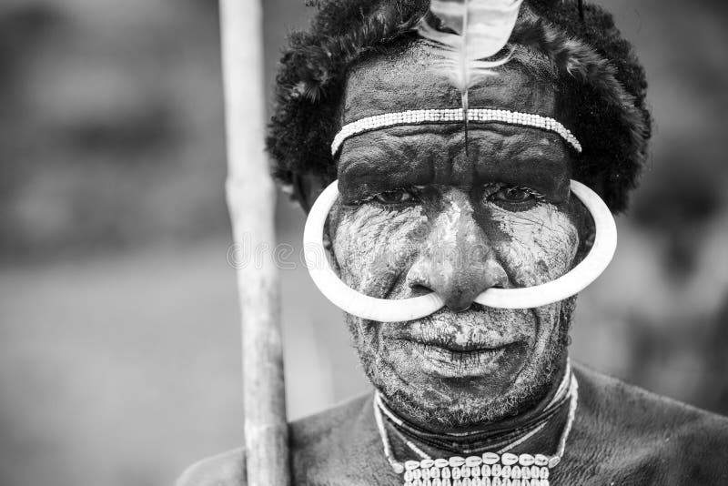 Baliem Valley, West Papua/Indonesia - August 9, 2016: Portrait of a Dani tribesman at the annual Baliem Valley Festival also known as the pasola festival, when all the diverse tribes from the highlands of Wamena and the Baliem Valley such as the Dani, Lani, and the Yali congregate to celebrate their annual festival. Baliem Valley, West Papua/Indonesia - August 9, 2016: Portrait of a Dani tribesman at the annual Baliem Valley Festival also known as the pasola festival, when all the diverse tribes from the highlands of Wamena and the Baliem Valley such as the Dani, Lani, and the Yali congregate to celebrate their annual festival.