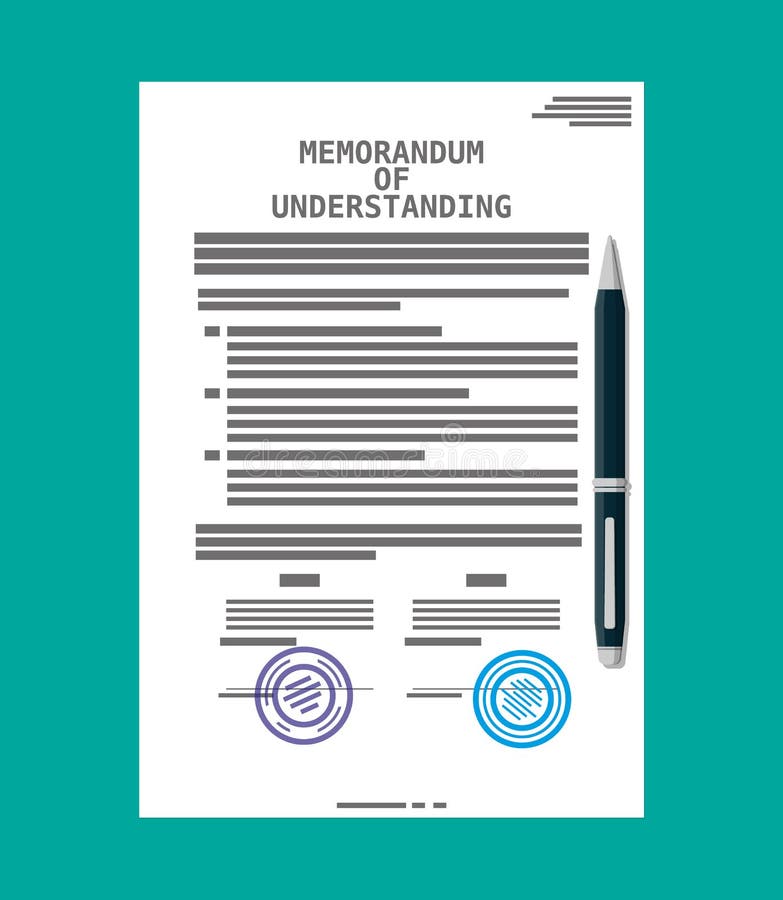 Memorandum of understanding document. Mou legal papers. Contract agreement paper blank with seal. Ballpoint pen. Vector illustration in flat style. Memorandum understanding vectors