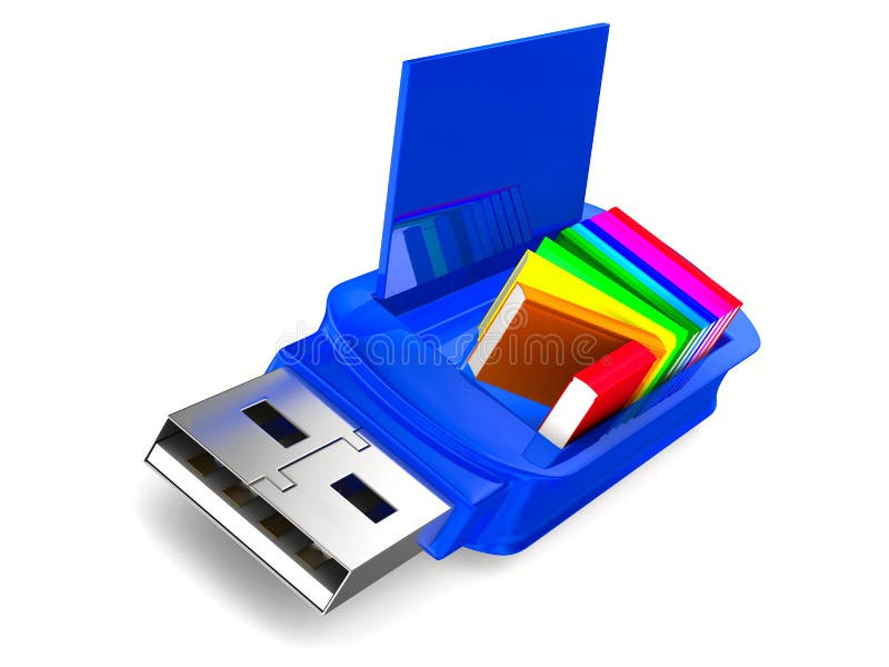 Memoria USB y libros en el fondo blanco stock de ilustración Memoria USB y libros en el fondo blanco stock de ilustración