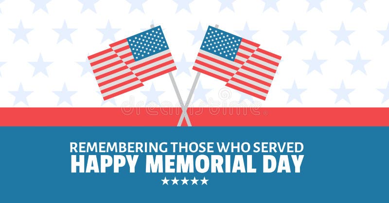 memorial day message with crossed american flags and red white and blue stars and stripes background