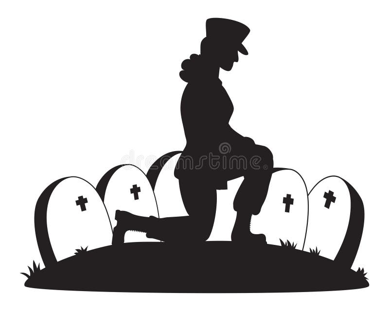 Memorial Day. Military soldier woman on one knee in cemetery in front of graves. Vector Silhouette drawing. Memorial Day. Military soldier woman on one knee in