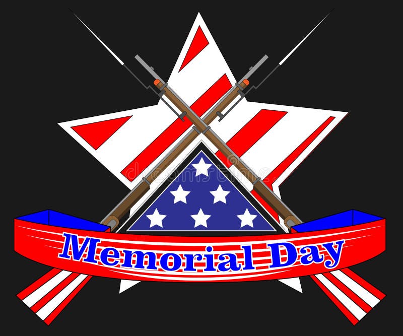 Memorial Day poster. Patriotic holiday banner with flag, veteran attributes like military and war signs and ammunition. USA stock illustration Memorial Day poster. Patriotic holiday banner with flag, veteran attributes like military and war signs and ammunition. USA stock illustration