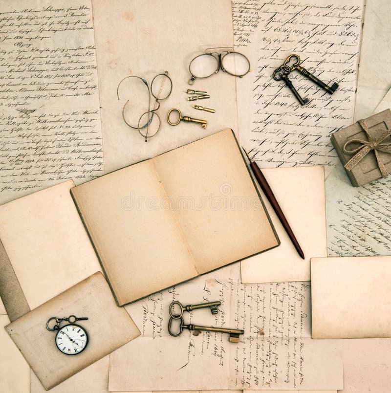 Memories book, vintage accessories, old letters and documents royalty free stock photography