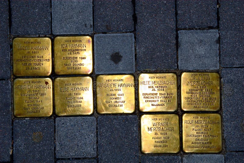 Memory Plates in the pavement in front of a residential house in Constance, South-Germany, informing about the fates of its Jewish residents during the Nazi-regime. These memory plates are called Stolpersteine (German for stumbling blocks). They are created by the artist Gunter Demnig. Search Wikipedia for the keyword Stolperstein to get more information about this project.