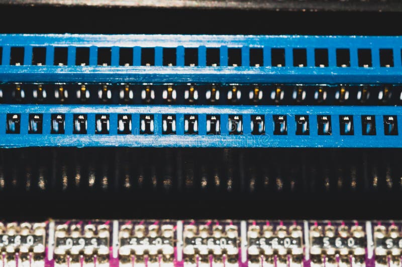 Memory slots on the motherboard close up. ram socket. connector on the circuit board royalty free stock photos