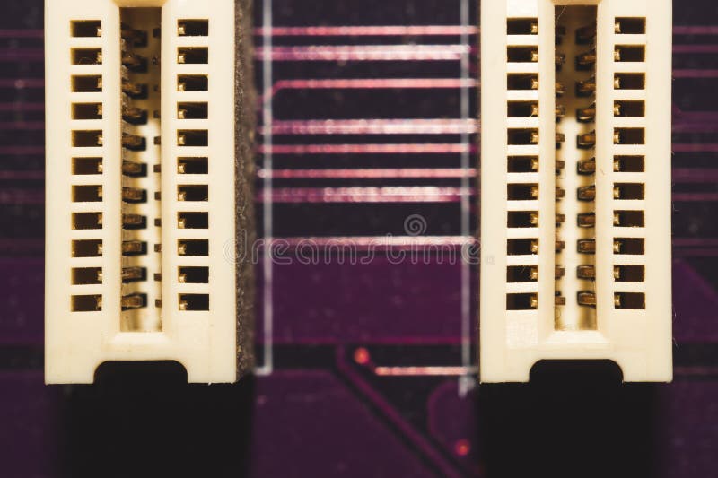 Memory slots on the motherboard close up. ram socket. connector on the circuit board royalty free stock images