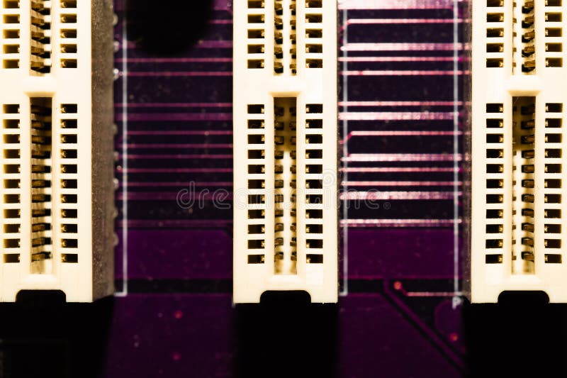 Memory slots on the motherboard close up. ram socket. connector on the circuit board stock photo
