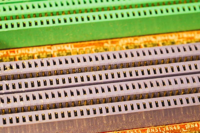 Memory slots on the motherboard close up. ram socket. connector on the circuit board stock photography
