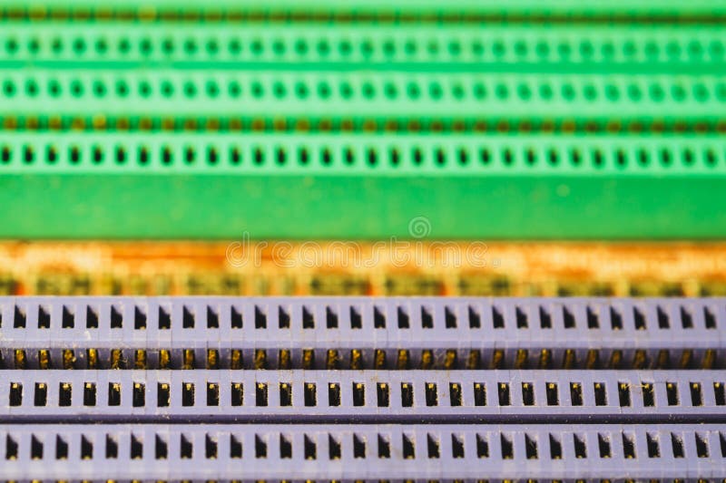 Memory slots on the motherboard close up. ram socket. connector on the circuit board royalty free stock photos