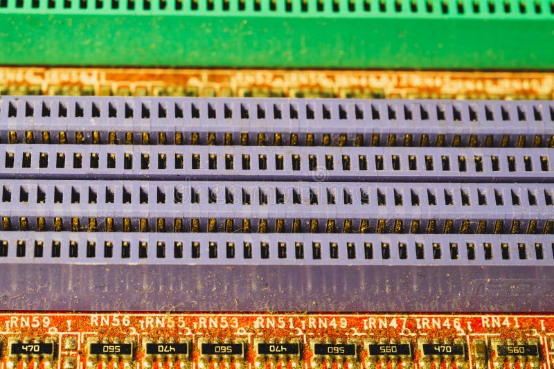 Memory slots on the motherboard close up. ram socket. connector on the circuit board stock image