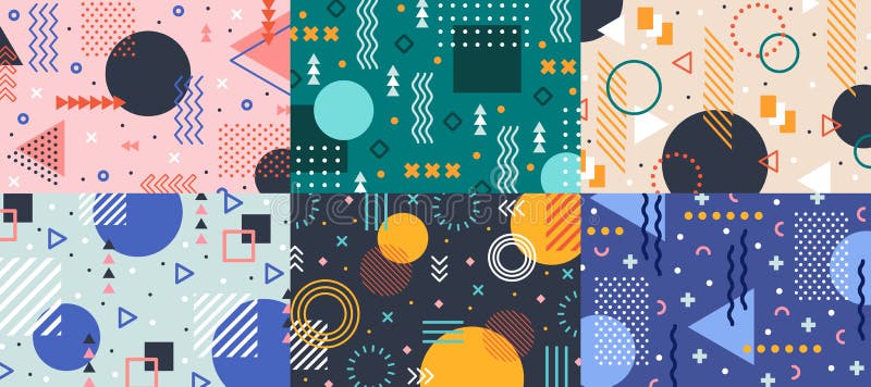 Memphis geometry background. Colorful shapes pattern, vivid coloring texture and funky color patterns abstract vector vector illustration