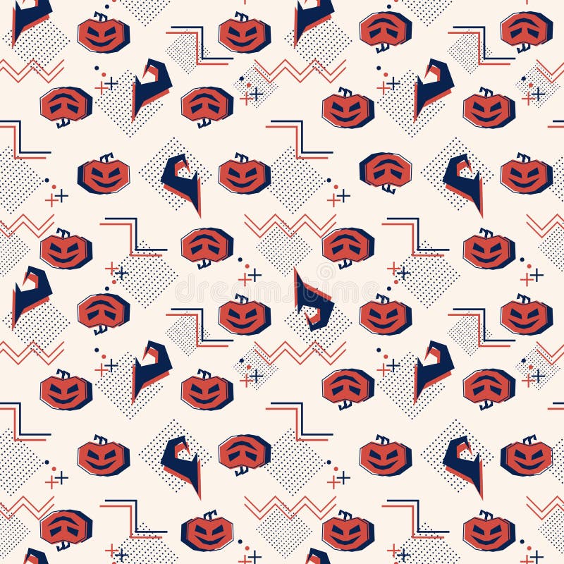 Memphis Halloween mit Kürbisen und nahtlosem Muster des Hexenhutes Abstraktes Geistthema des Hintergrundes für Kinder und Babymod stock abbildung Memphis Halloween mit Kürbisen und nahtlosem Muster des Hexenhutes Abstraktes Geistthema des Hintergrundes für Kinder und Babymod stock abbildung