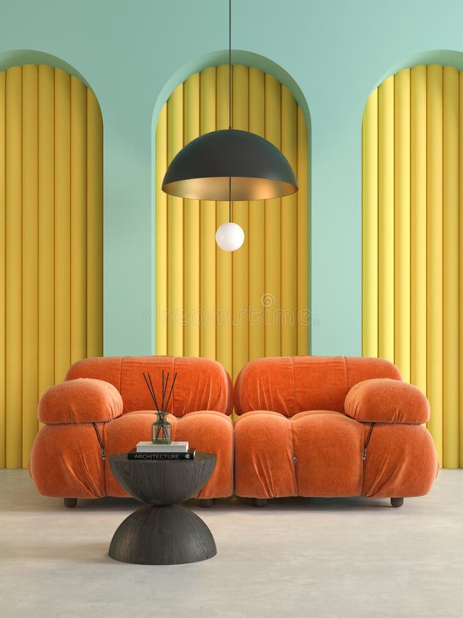 Memphis style conceptual dopamine interior room 3d illustration royalty free illustration