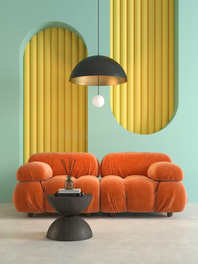 Memphis style conceptual dopamine interior room 3d illustration stock illustration