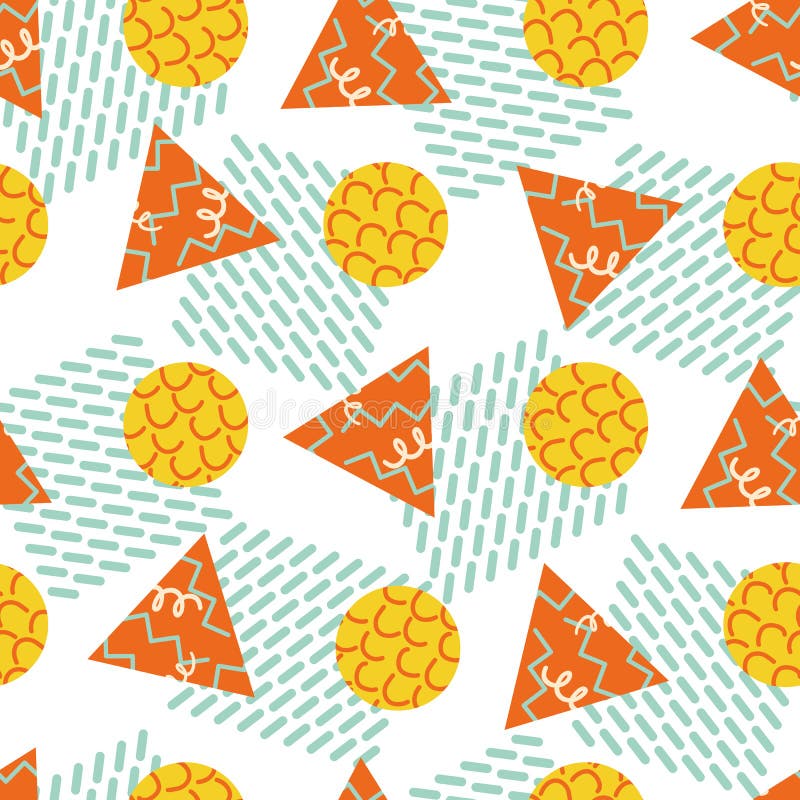 Memphis style geometric shapes vector abstract seamless pattern background. Waffle style squares, triangles, circles on. Waffle squares, triangles, circles on white backdrop. Summer color scribble illustration. Funky modern all over print.