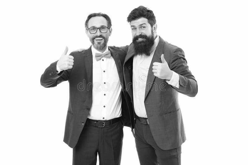 Men bearded wear formal suits. Well groomed business men. Successful partnership. Achieve success. Men entrepreneurs royalty free stock image