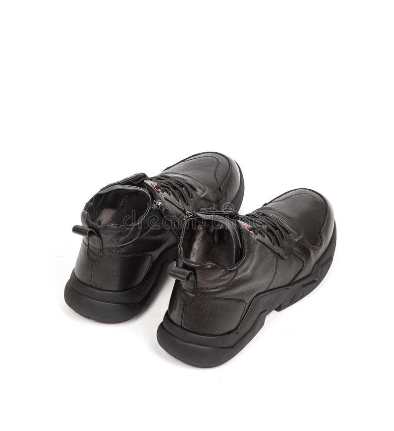 Men Black Winter Leather Boots with Fur Inside Isolated on White