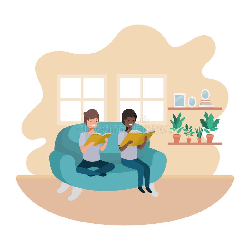 Men with book in livingroom avatar character vector illustration desing