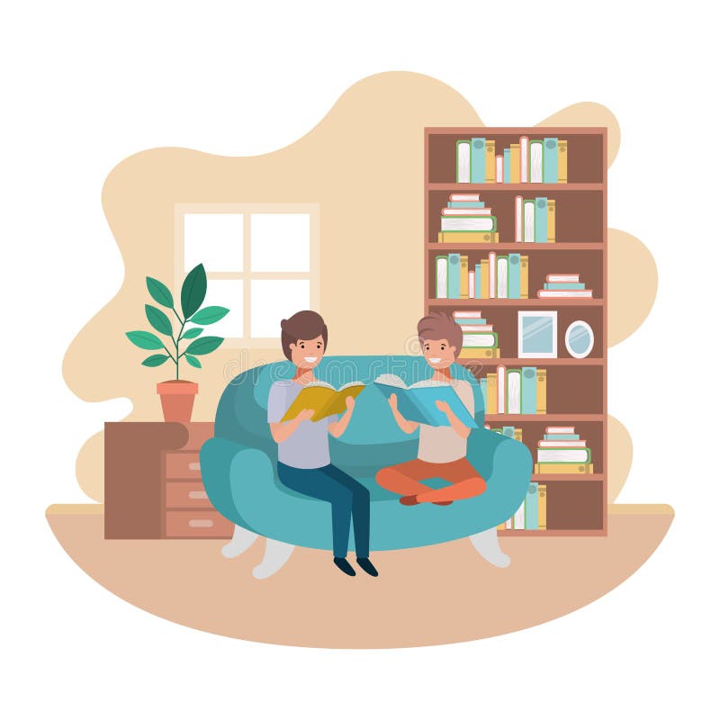 Men with book in livingroom avatar character vector illustration desing