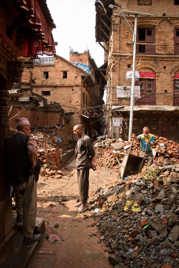 Earthquake damage on the streets of Bhaktapur. Located 30km east of Kathmandu, the town was once rich with Buddhist and Hindu temples and a popular tourist spot for those visiting Kathmandu, Nepal. Earthquake damage on the streets of Bhaktapur. Located 30km east of Kathmandu, the town was once rich with Buddhist and Hindu temples and a popular tourist spot for those visiting Kathmandu, Nepal