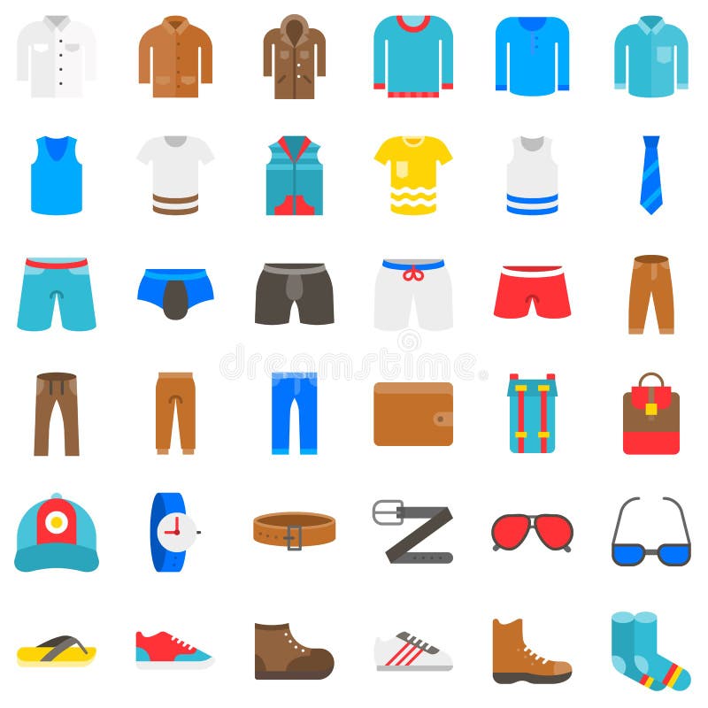 Men Clothing Vector Icon Set, Flat Style Stock Vector - Illustration of ...