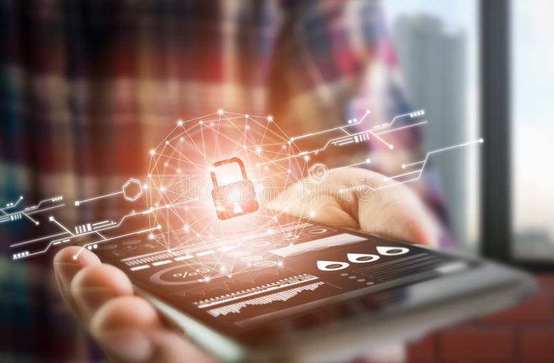 Men dress up lifestyle hold smartphone screen shows the key in the Security online world. the display and technology advances royalty free stock photos