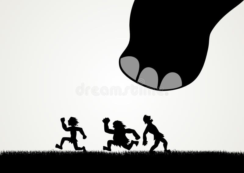 Men fleeing panic from a giant dinosaur step royalty free illustration