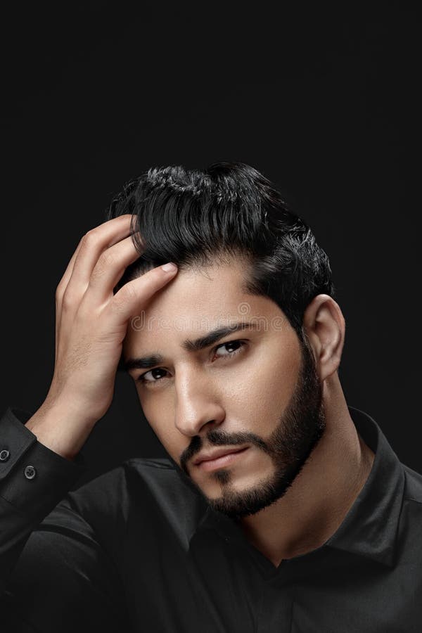 Men Hair Care. Man with Beard, Beauty Face Touching Black Hair Stock Image  - Image of cosmetic, dandruff: 125032563