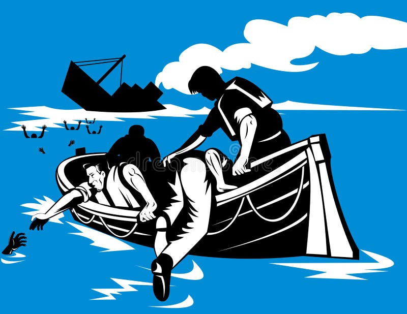 Men on lifeboat with sinking ship