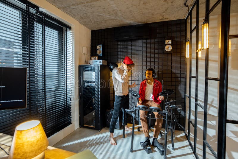 Men Playing Electric Drums at Home Sstudio Stock Image Image of