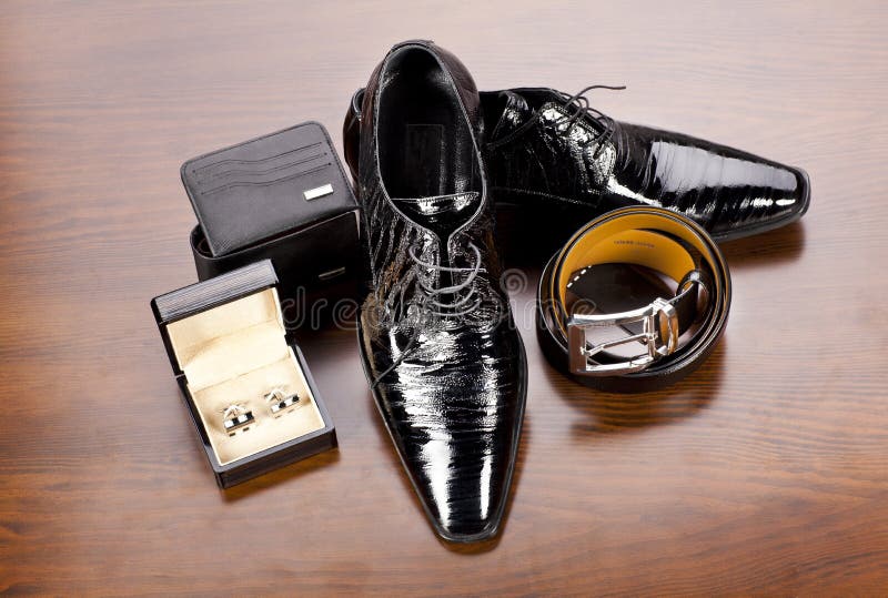 Men' s accessories in style: belt, cuff, wallet, leather shoes. Button clasp stock images, royalty-free photos and pictures
