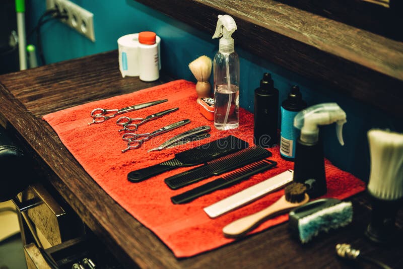 Barber Tools. Side View of Tools Lying on the Wood Grain