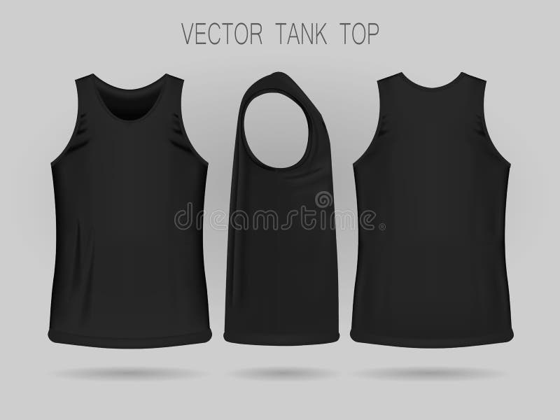 Men`s Black Tank Top Template in Three Dimensions Front, Side and Back