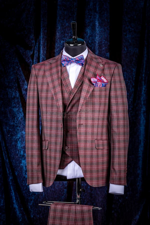 Men`s Business Suit on Mannequin, Vintage Color. Elegant Three-piece Suit in a Cage with a Bow Tie and a Scarf in a Stock Image - Image of designer, elegant: 192935305