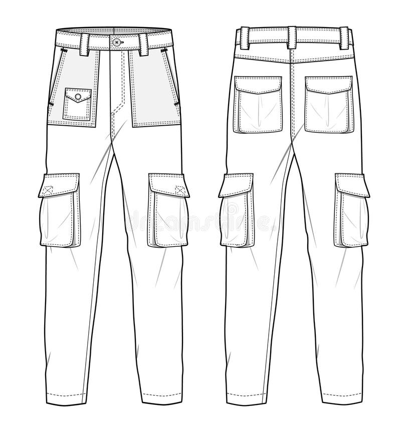 Men S Cargo Pant Front and Back View Technical Flat Drawing Vector ...