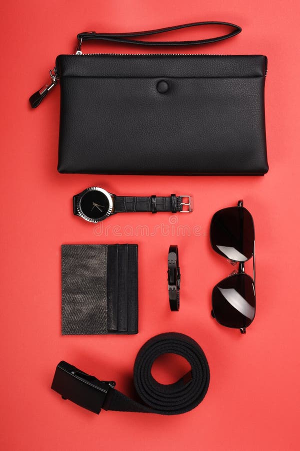 Men`s Clothing and Personal Accessories on Red Background Stock Image