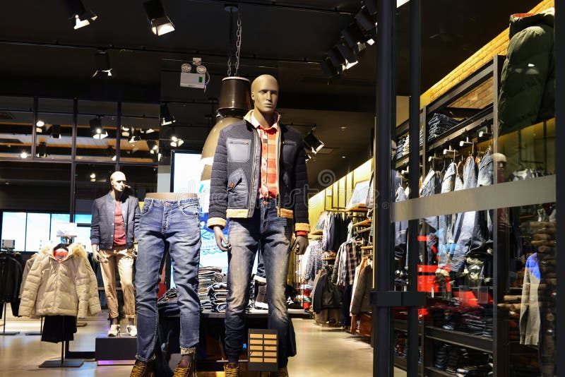 Interior view of mens clothing store or fashion shop, Hongkong central, China, Asia.