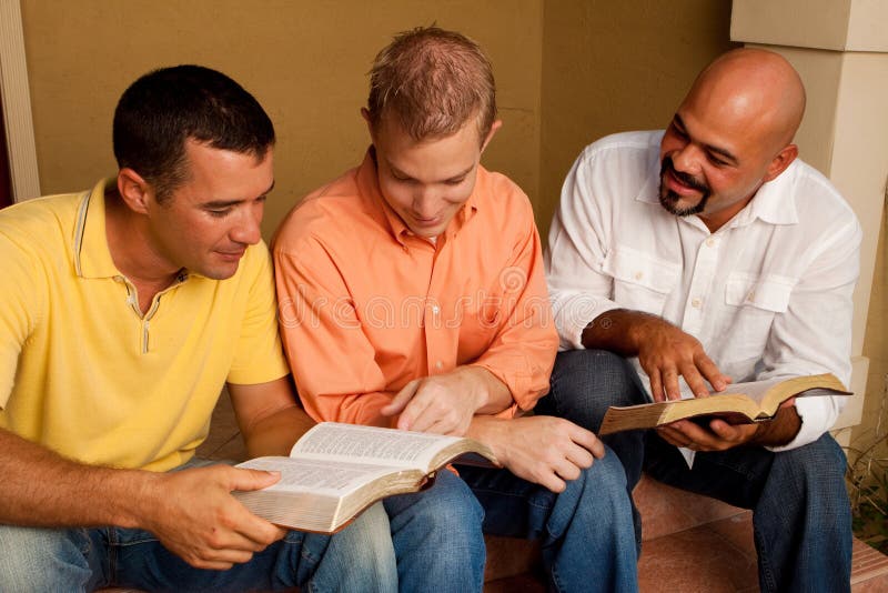Men`s Group Bible Study. Multicultural small group.